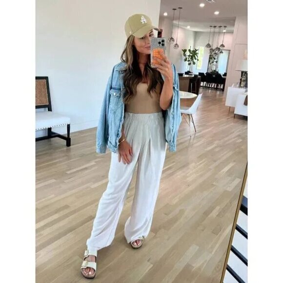 FREE PEOPLE Nothin' to Say Elastic Waist Pants in Champagne Dream Size Large - Picture 2 of 14